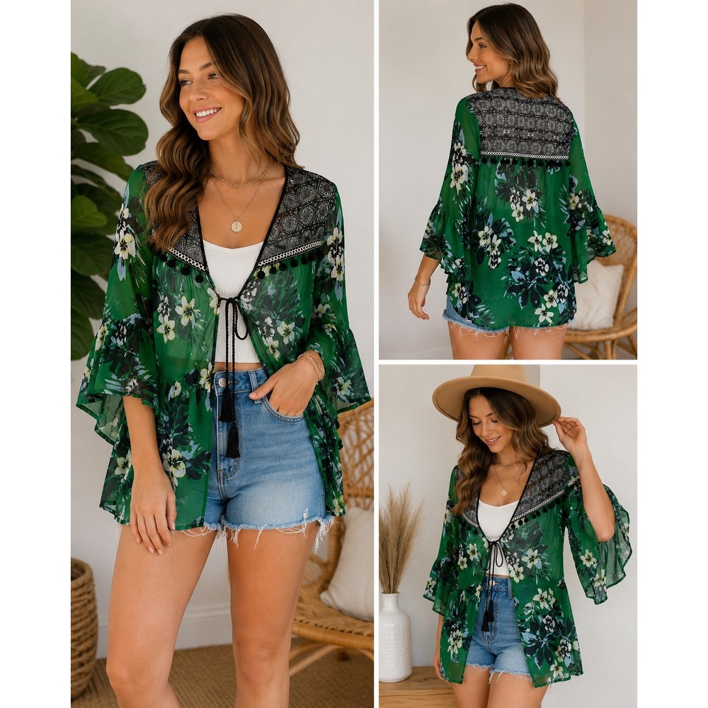 Tru Self Womens Green Tropical Floral Boho Pom Pom Tie Front Kimono Cardigan S‎